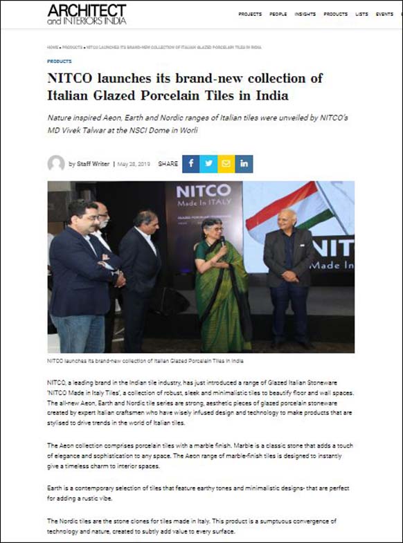 NITCO launches its brand-new collection of Italian Glazed Porcelain Tiles in India, Architect and Interiors India